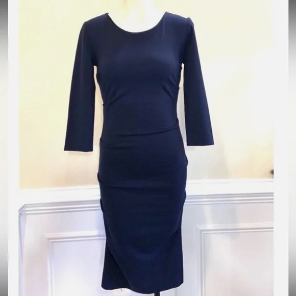 Nicole Miller Artelier Navy Blue Ruched Dress Midi Womens Small 006082 | O134 - Picture 4 of 12